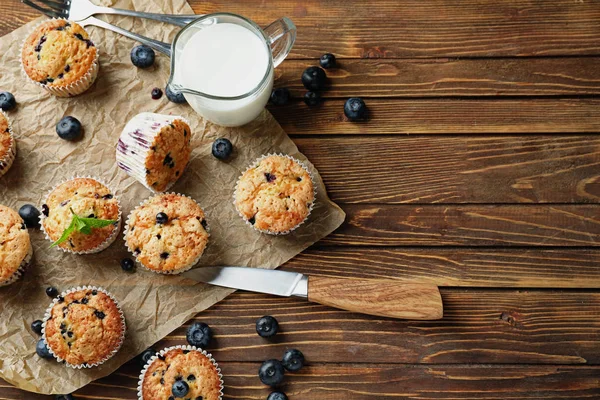 Tasty Blueberry Muffins Jug Milk Wooden Table — Stock Photo, Image