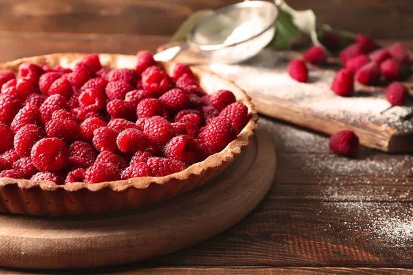 Tasty Pie Fresh Raspberries Wooden Background — Stock Photo, Image