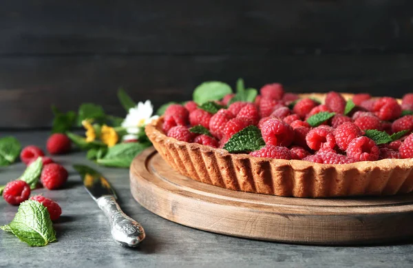 Tasty Pie Fresh Raspberries Grey Table — Stock Photo, Image