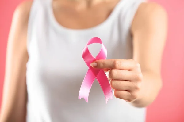 Beautiful Woman Holding Pink Ribbon Color Background Closeup Breast Cancer — Stock Photo, Image