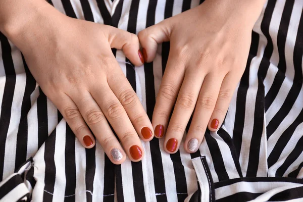 Female Hands Stylish Color Nails Striped Fabric Closeup — Stock Photo, Image