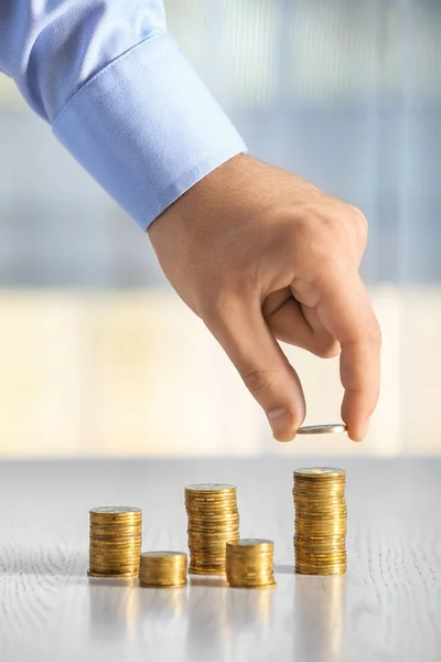 Man Stacking Coins Table Savings Concept — Stock Photo, Image