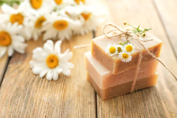 Natural Homemade Soap Chamomile Flowers Wooden Table — Stock Photo, Image