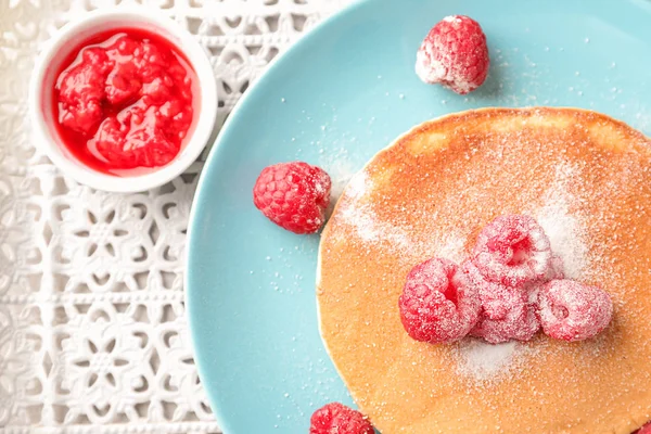 Tasty Homemade Pancake Raspberries Plate Closeup — Stock Photo, Image