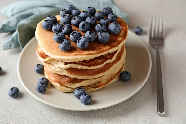 Plate Tasty Homemade Pancakes Blueberries Table — Stock Photo, Image