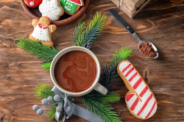 Cup Hot Cocoa Christmas Decorations Wooden Table — Stock Photo, Image