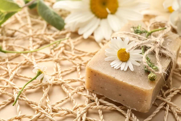 Bar Natural Soap Chamomile Flowers Table — Stock Photo, Image