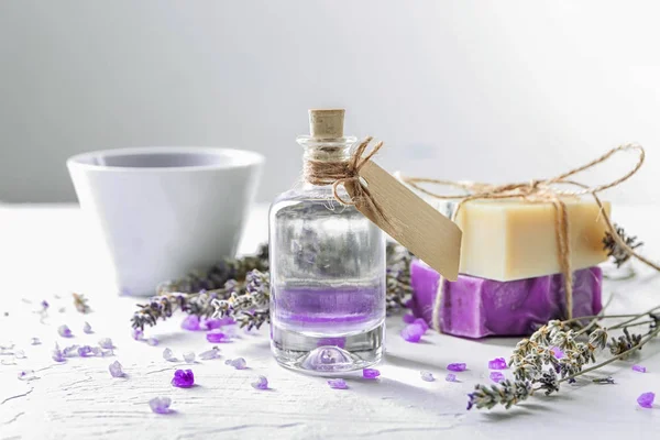Bottle Essential Oil Lavender Light Table — Stock Photo, Image