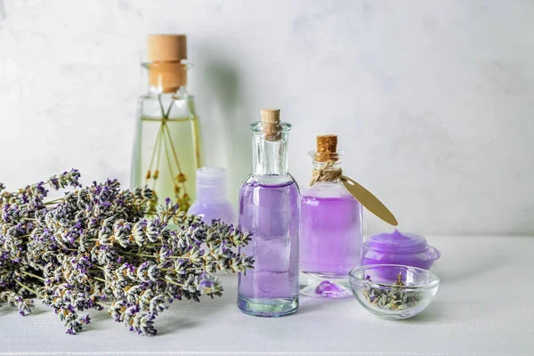 Bottles Essential Oil Lavender Light Table — Stock Photo, Image