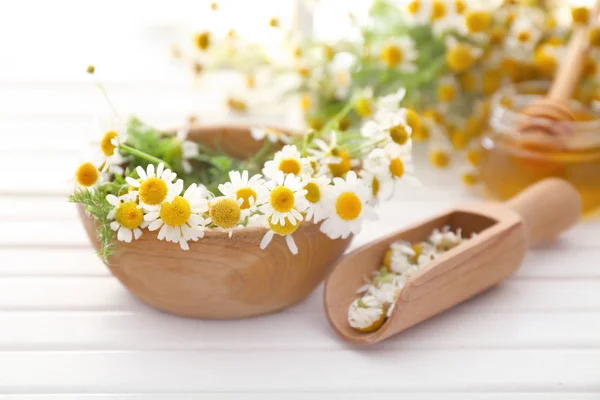 Bowl Chamomile Flowers Wooden Table Royalty Free Stock Photos