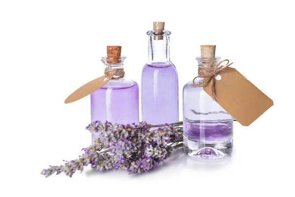 Flaschen Ätherisches Mit Lavendel Auf Weißem Hintergrund lizenzfreie Stockfotos