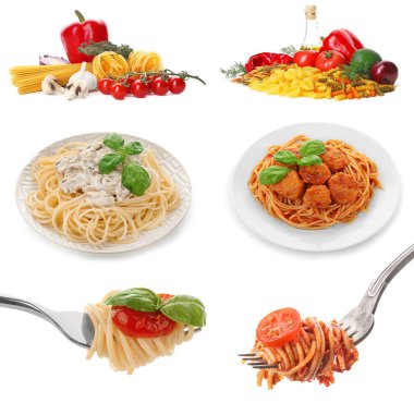 Beyaz arka plan üzerinde çeşit makarna ile ayarla