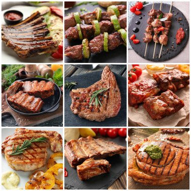 Set of tasty meat cooked on barbecue grill clipart