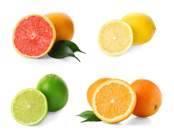 Set with different citrus fruits on white background