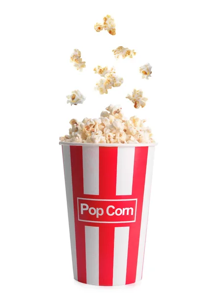 Lekkere Popcorn Beker Vallen Witte Achtergrond — Stockfoto