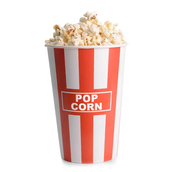 Beker Met Lekkere Popcorn Witte Achtergrond — Stockfoto