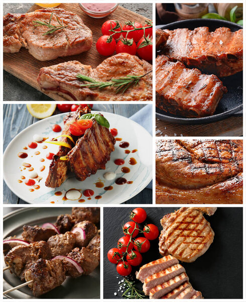Set of tasty meat cooked on barbecue grill