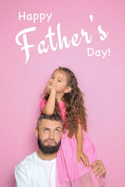 Portret Van Vader Zijn Dochtertje Kleur Achtergrond Happy Father Day — Stockfoto