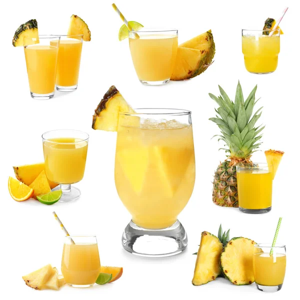 Set Tasty Fresh Pineapple Juice White Background — Stock Photo, Image