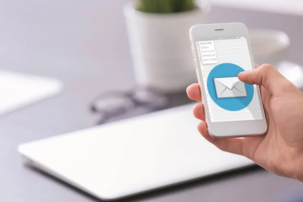 Man Using Cellphone Check Email Workplace Closeup — Stock Photo, Image