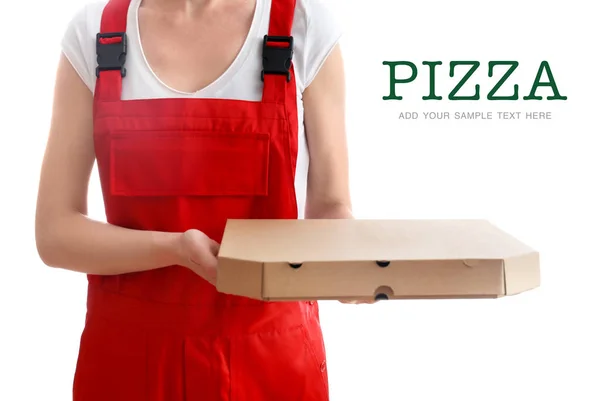 Delivery Woman Cardboard Pizza Box White Background — Stock Photo, Image