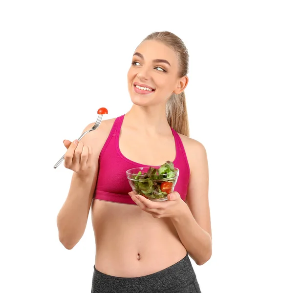 Jovem Comendo Salada Fundo Branco Conceito Alimentar Dietético — Fotografia de Stock