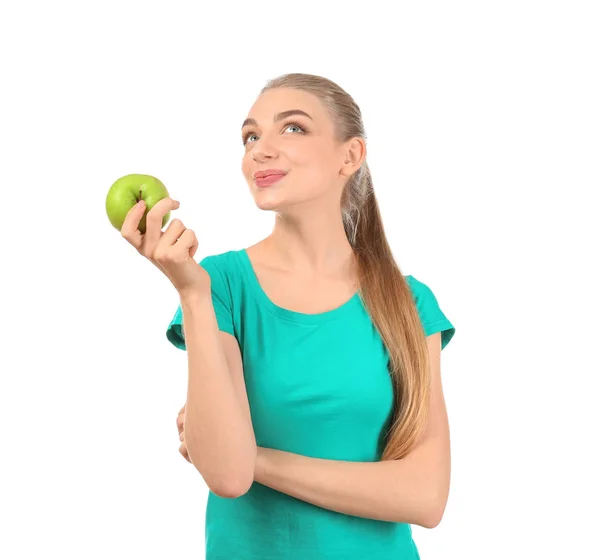 Young Woman Apple White Background Diet Food Concept — Stock Photo, Image