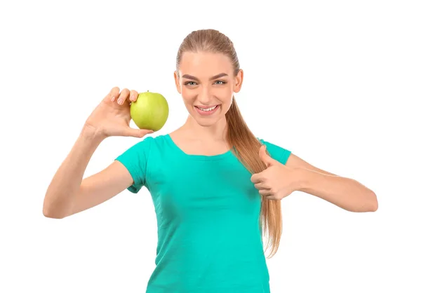 Junge Frau Mit Apfel Auf Weißem Hintergrund Ernährungskonzept — Stockfoto