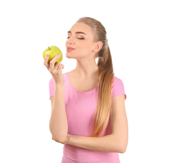 Junge Frau Mit Apfel Auf Weißem Hintergrund Ernährungskonzept — Stockfoto