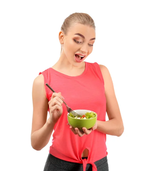 Mujer Joven Comiendo Ensalada Sobre Fondo Blanco Concepto Alimentación Dietética — Foto de Stock