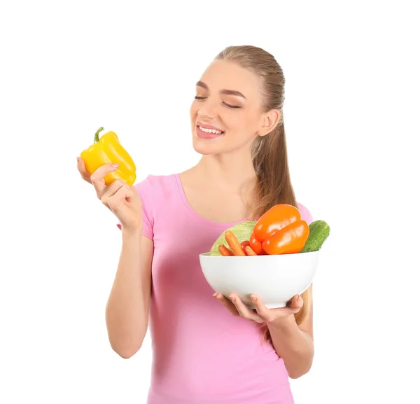 Young Woman Holding Bowl Vegetables White Background Diet Food Concept — Stock Photo, Image