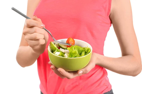 Jovem Comendo Salada Fundo Branco Conceito Alimentar Dietético — Fotografia de Stock