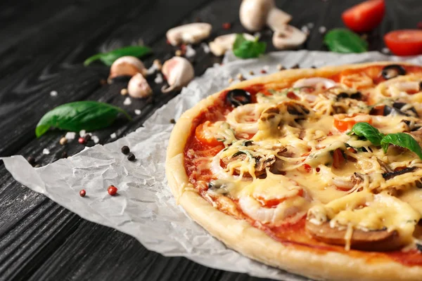 Tasty Pizza Wooden Table Closeup — Stock Photo, Image