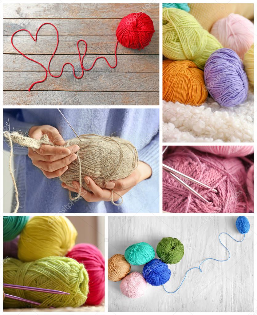 Collage of different color knitting threads