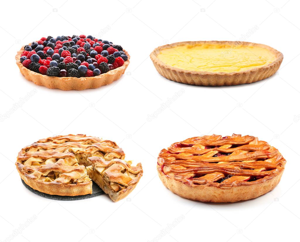 Different tasty fruit pies on white background