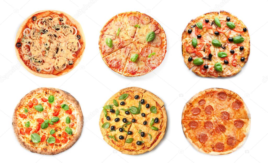 Set of tasty Italian pizzas on white background