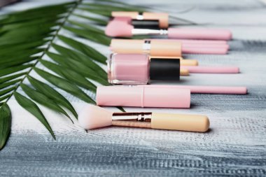 Dekoratif kozmetik ve makyaj fırçaları ahşap arka plan üzerinde palmiye yaprağı