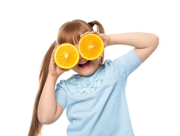 Schattig Klein Meisje Met Citrus Vruchten Witte Achtergrond — Stockfoto