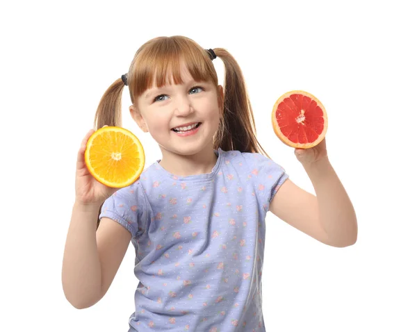Cute Little Girl Citrus Fruits White Background — Stock Photo, Image