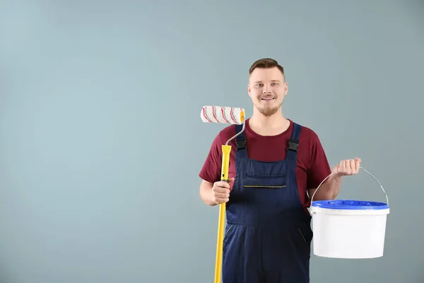 Male Decorator Uniform Bucket Paint Roller Brush Color Background — Stock Photo, Image