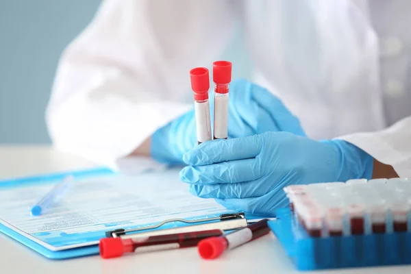 Woman Working Blood Samples Test Tubes Table — Stock Photo, Image