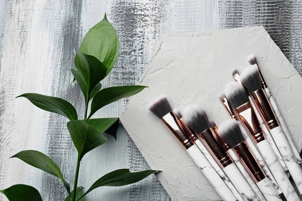 Dekoratif kozmetik üzerinde ahşap arka plan uygulamak için makyaj fırça seti