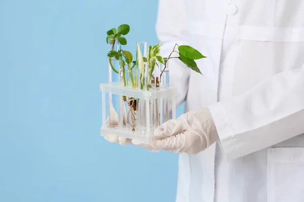 Científico Sosteniendo Tubos Ensayo Con Plantas Pie Sobre Fondo Color —  Fotos de Stock