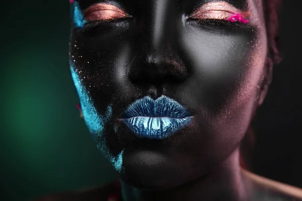 Portrait Beautiful Young Woman Surreal Makeup Dark Background Closeup — Stock Photo, Image
