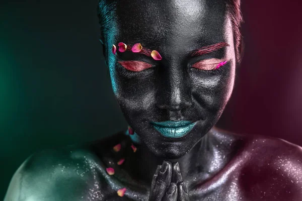 Portrait Beautiful Young Woman Surreal Makeup Dark Background — Stock Photo, Image