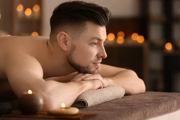 Young Man Relaxing Massage Table Spa Salon — Stock Photo, Image