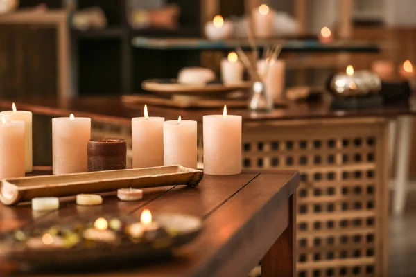 Burning Candles Table Spa Salon — Stock Photo, Image