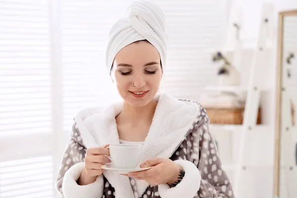 Young Woman Bathrobe Drinking Coffee Home Early Morning — Stock Photo, Image