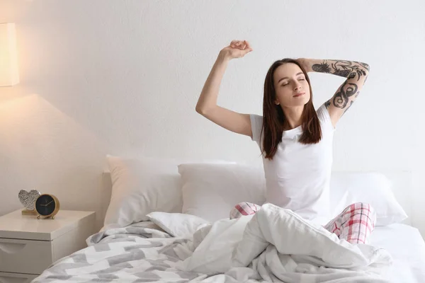 Young Beautiful Woman Stretching Bed Morning — Stock Photo, Image