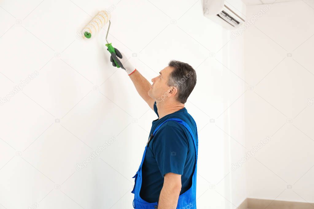 Male painter in uniform working indoors